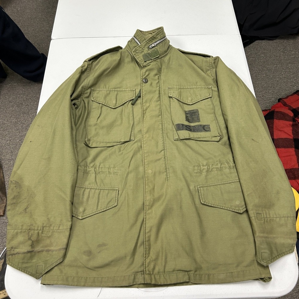 Military M-65 Field Jacket Mens L Olive Green USMC Stencil Distressed OG-107